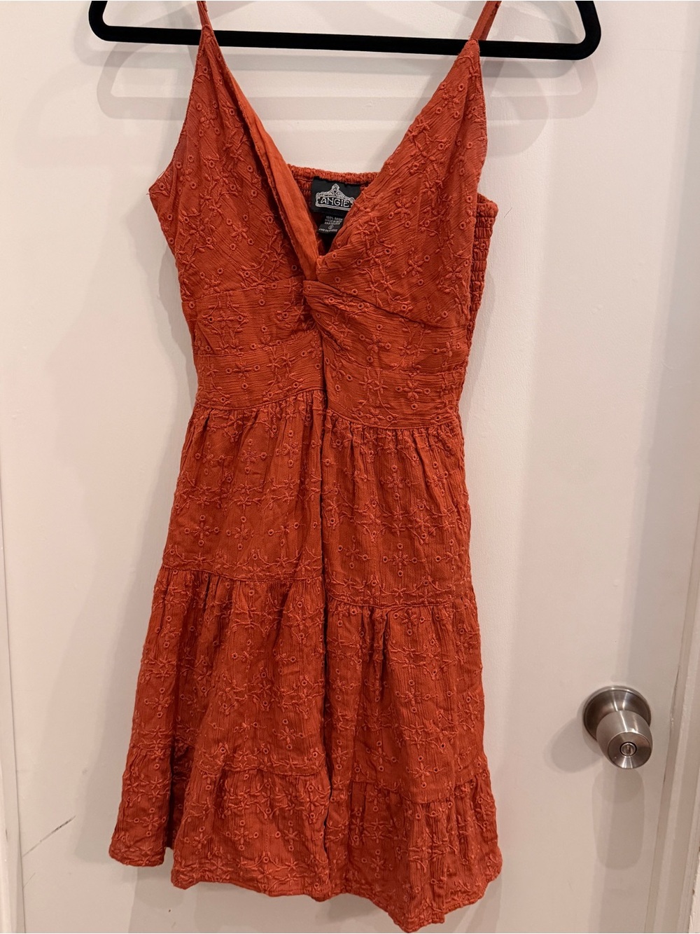 Angie Rust Terracotta Eyelet Smocked Tiered Mini Dress Size S Cottagecore Boho